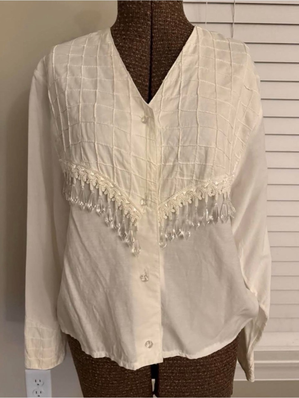 Ivory Beaded V-Neck Women’s Button-Up Top